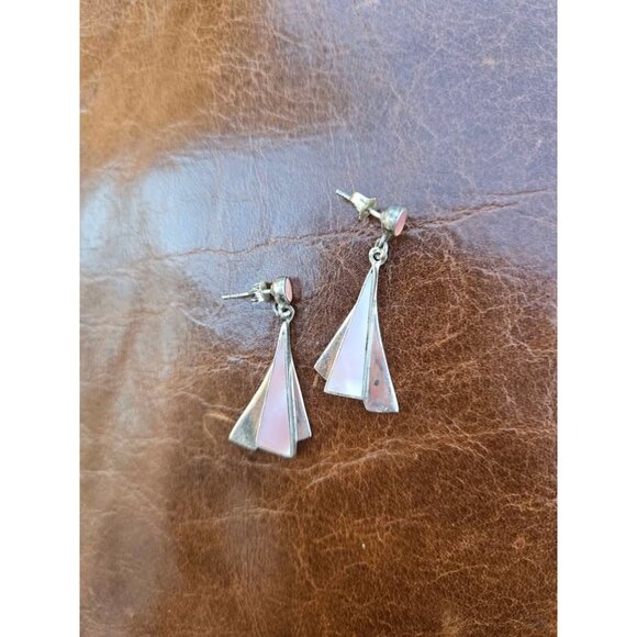 Vtg Pink Mother of Pearl Triangular Geometric Sterling Silver Earrings Mexico - Picture 4 of 7